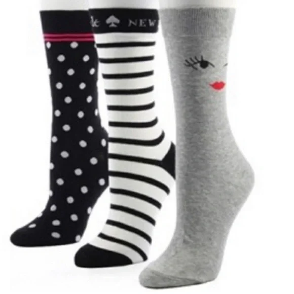🎊HP 3 Pairs KATE SPADE Gray Black WINK Polka Dot Striped Trouser Crew Socks NIP - Picture 13 of 13